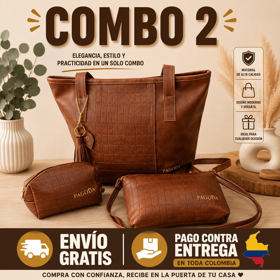 COMBO Trio Pagoda  Bolso de mano + Bolso mediano  +Cosmetiquera