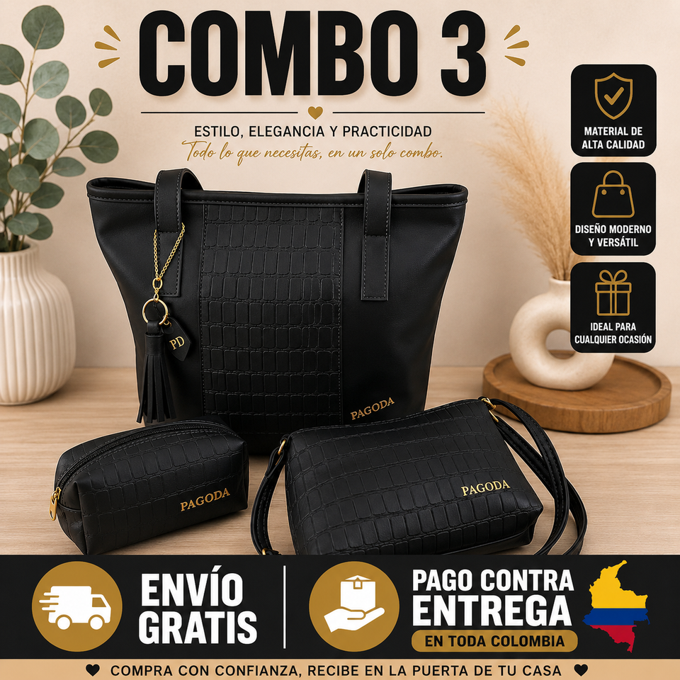 COMBO Trio Pagoda  Bolso de mano + Bolso mediano  +Cosmetiquera